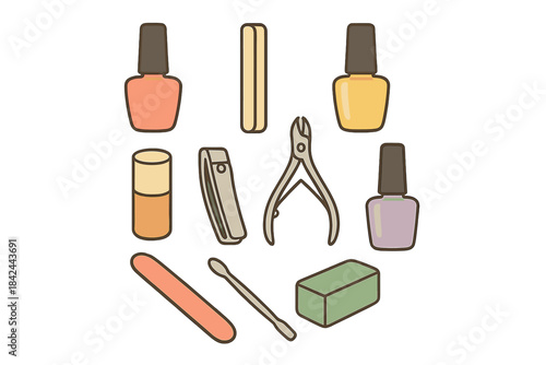 Collection of nail care tools and polish in various colors arranged in a neat layout on a light background
