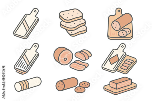 Collection of kitchen tools and ingredients arranged neatly with wooden cutting boards and sliced meats