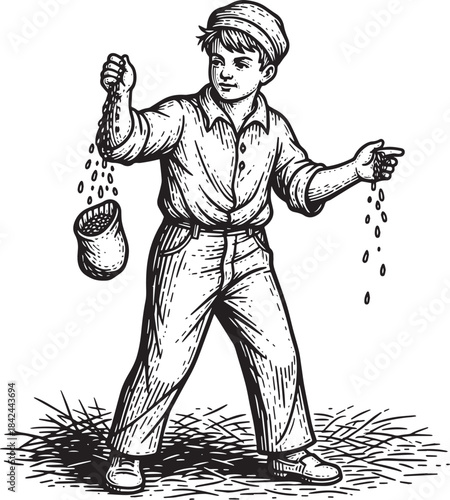 Monochrome Illustration Depicting a Boy Sowing Seeds, Hand-Drawn