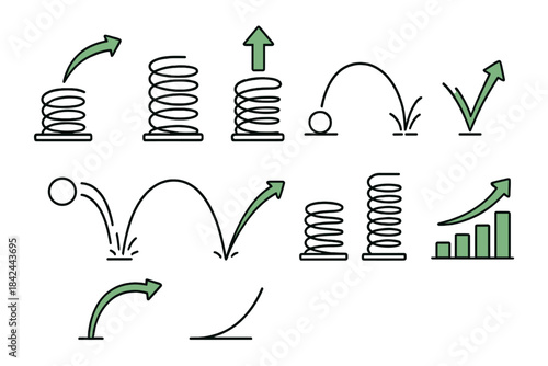 Visual representation of motion and growth through various spring and bounce concepts in a simple design