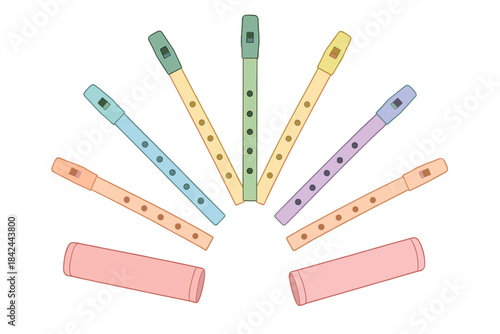 Colorful wooden flutes arranged in a fan shape showcasing musical instruments for beginners at a creative workshop