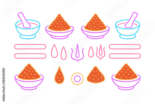 Colorful graphic showing bowls and spices with traditional elements for culinary design appeal