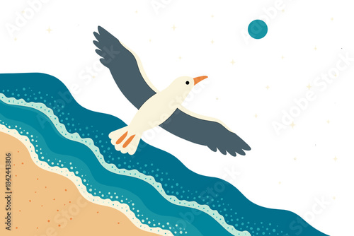 Seagull gliding over ocean waves with a bright blue sky and sandy beach in a serene coastal scene