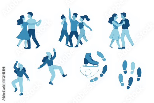 Monochromatic blue icons of winter activities including ice skating, dancing, and track marks