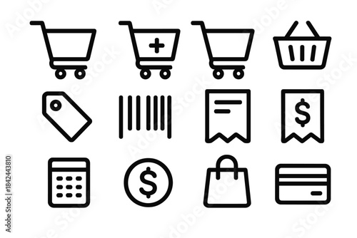 Shopping icons showing various carts, tags, and payment methods for grocery or retail experience