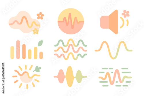 Colorful abstract illustrations showing sound waves and nature elements in a harmonious design