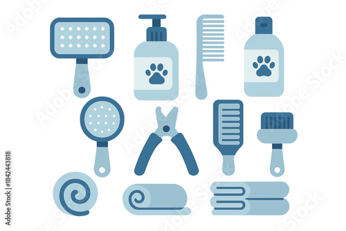 Pet grooming tools and supplies arranged aesthetically in soft blue tones for effective pet care and maintenance