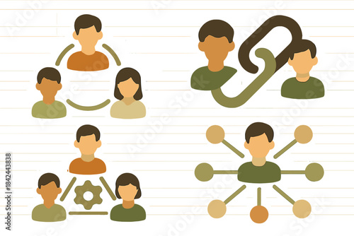 Business organization structure and teamwork diagrams with connected people icons