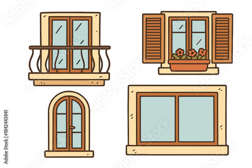 Set of house featuring balcony, arched frame, and open wooden shutters