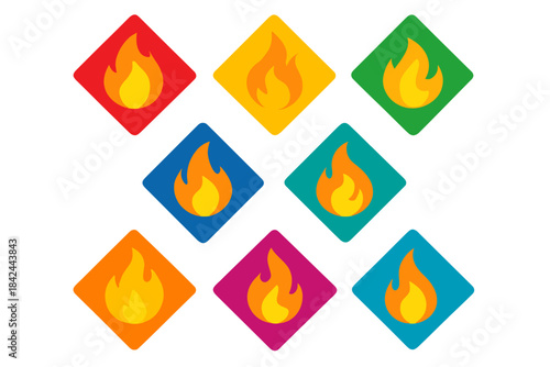 Colorful flame icons arranged in a grid pattern on a white background for creative design projects