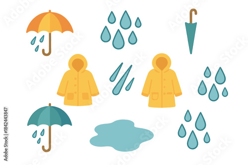 Rainy day essentials with umbrellas, raincoats, and puddles in a colorful design