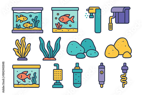 Colorful aquarium supplies with fish tanks, plants, and accessories in various shapes and sizes