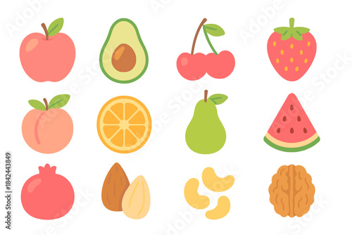 Colorful flat design icons set featuring various fruits, berries, and nuts