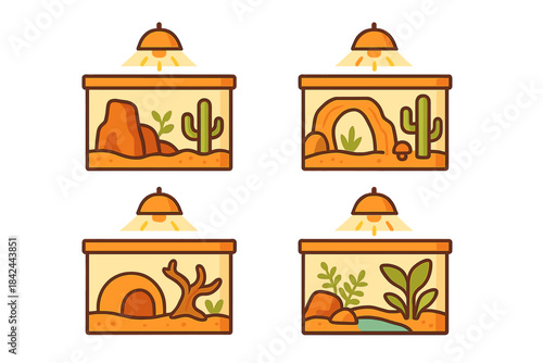 Various desert-themed terrariums with cacti and rocks in a bright setting for decorative purposes