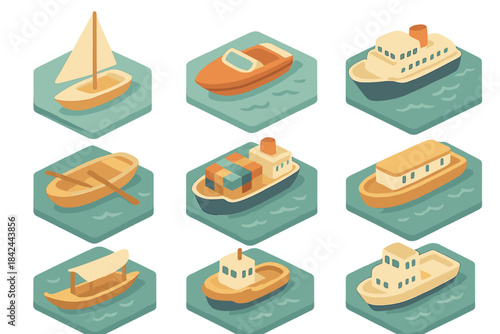 Isometric set of marine transportation vessels including boats, ships, barges, and ferries