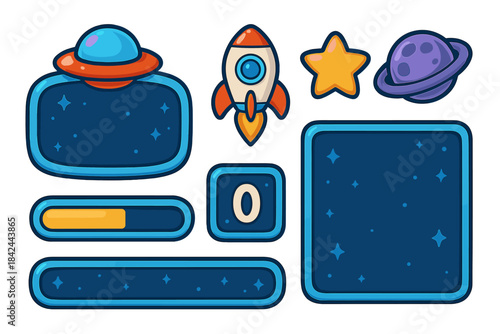 Colorful space-themed graphics including a rocket, planets, and decorative elements for educational use