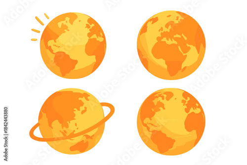 Set of four orange and yellow globe icons for global business and communication
