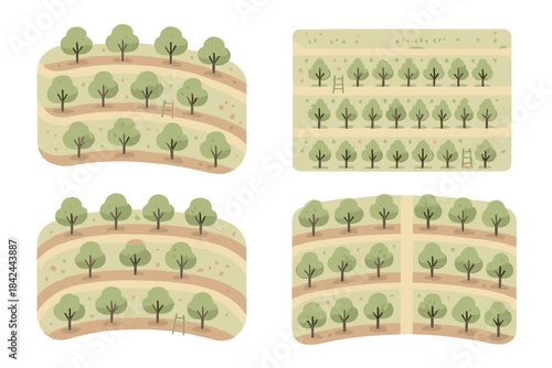 Landscape with trees and pathways in a conceptual design showing orchards and agricultural fields