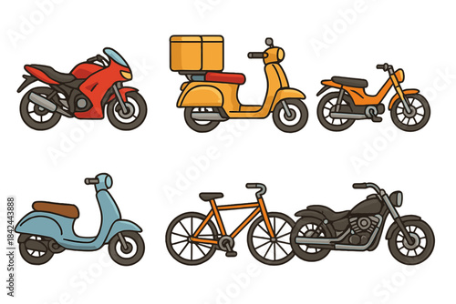 Collection of colorful motorized and non-motorized vehicles illustrated in a playful style