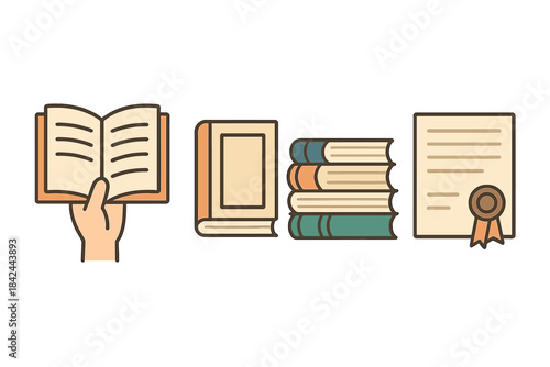 Educational icons set featuring open book held by hand, stack of textbooks, and diploma certificate document