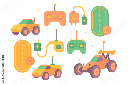 Colorful collection of toy cars and remote controls set against a playful backdrop