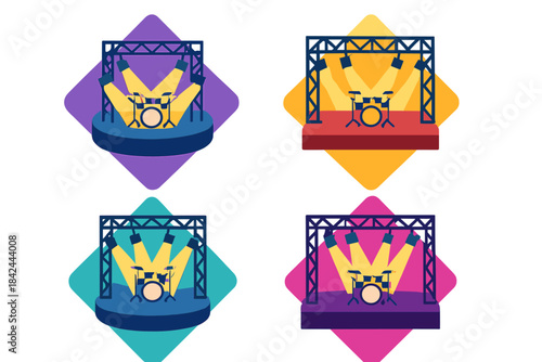 Colorful concert stage designs featuring drum kits and bright lighting effects for music events