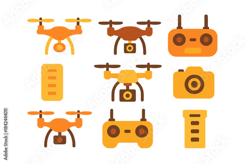 Various drone designs and accessories in bright yellow and brown colors showcasing modern technology and gadget diversity