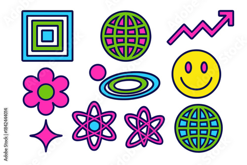Colorful abstract symbols and icons set in trendy retro style featuring globe, atom, and happy face