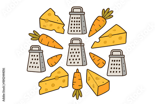 Colorful cheese and carrot illustrations surrounded by kitchen graters in a fun design
