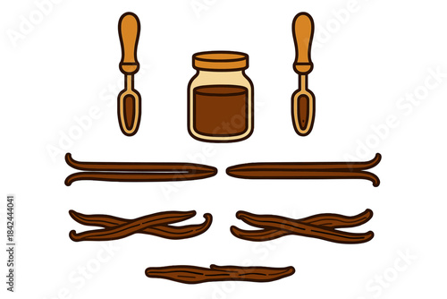 Vanilla beans and extract preparation with scoops arranged on a clean surface for baking