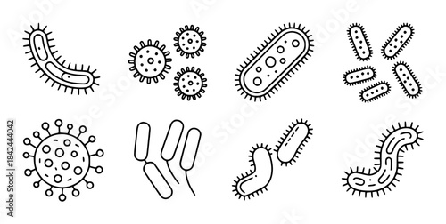 Black and white line of various bacteria shapes and viruses microbes microorganisms