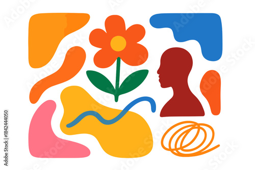 Bold and colorful abstract design featuring a flower and a silhouette against a vibrant background