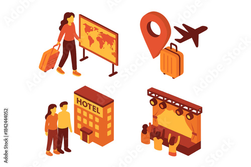 Isometric collection of travel and leisure symbols: hotel, airplane, map, location pin, concert stage