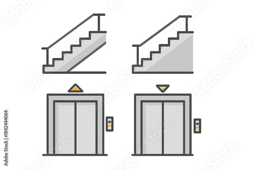 Illustrations of stairs and elevators showing different designs and uses for buildings in modern architecture