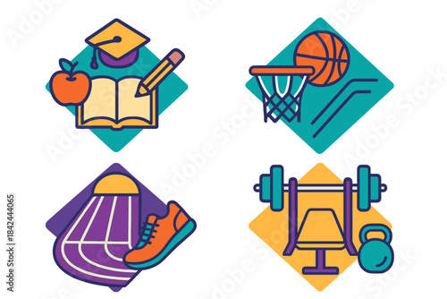 Colorful symbols representing education, basketball, running track, and gym fitness equipment