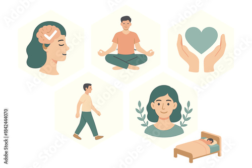 Healthy lifestyle habits and wellness concepts set featuring meditation walking and sleep