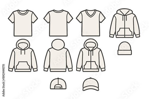 Different styles of casual clothing including t-shirts, hoodies, and caps presented on a simple background