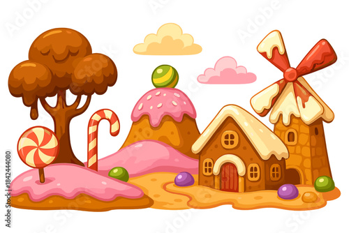 Whimsical gingerbread house and candy windmill in a sweet fantasy landscape