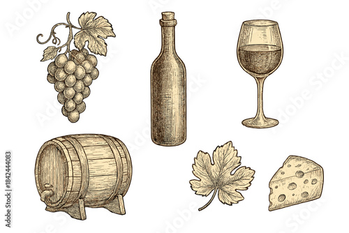 Vintage engraved set of wine production items including grapes, bottle, glass, barrel, and cheese
