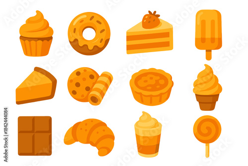 Collection of various sweet desserts and baked goods icons in warm orange tones