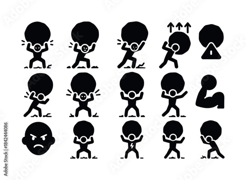 Strength Icons Displayed. Person lifting a giant boulder. Solid