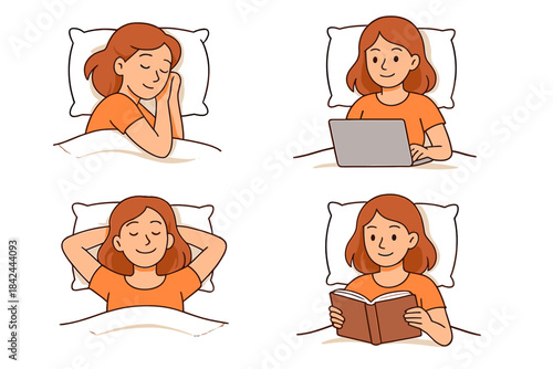 Young woman resting, sleeping, working, and reading in bed, set of different poses