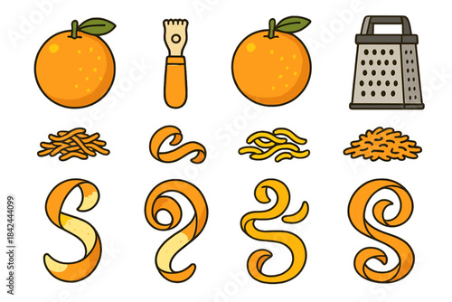 Illustration of oranges, zest, and grater with creative orange-themed designs showing various orange-related elements
