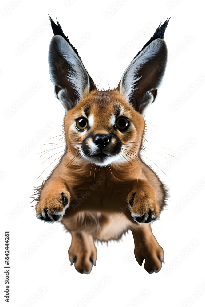 Obraz premium Caracal mid-leap, sharp black ear tufts, muscular body in motion, Isolated to Transparent Background