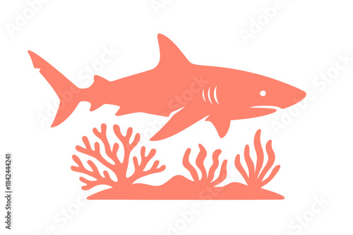 Stylized predatory shark swimming above a detailed seabed featuring coral and aquatic flora