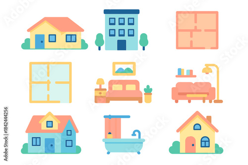 Design layout ideas for houses and apartments displayed in a simple colorful style with furniture placement and room design