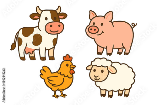 Set of cute cartoon farm animals including cow pig chicken and sheep characters