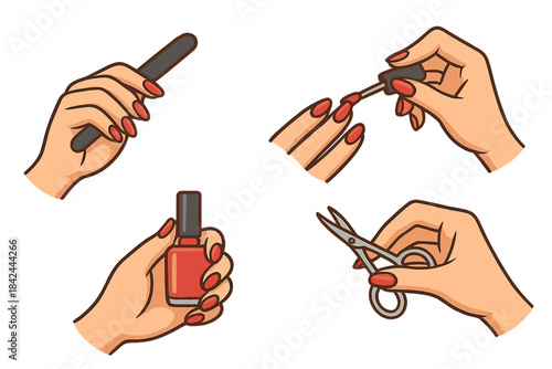 Hands performing nail care including filing, painting, and trimming with red polish in a beauty setting