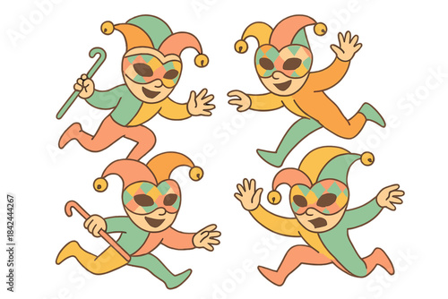 Colorful jester characters in playful poses celebrating a festive occasion with masks and costumes