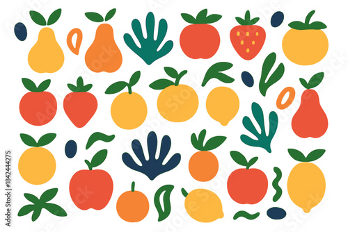 Colorful fruit and vegetable patterns showcasing fresh produce in a playful design
